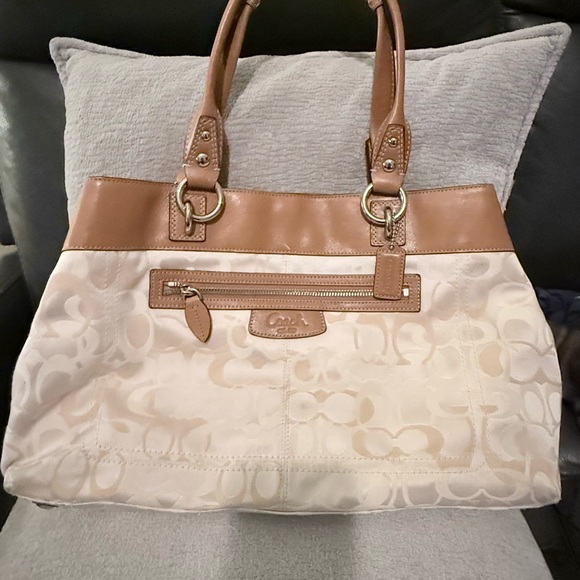 Coach Canvas Tote in Beige and Brown Leather Trim - Picture 3 of 7